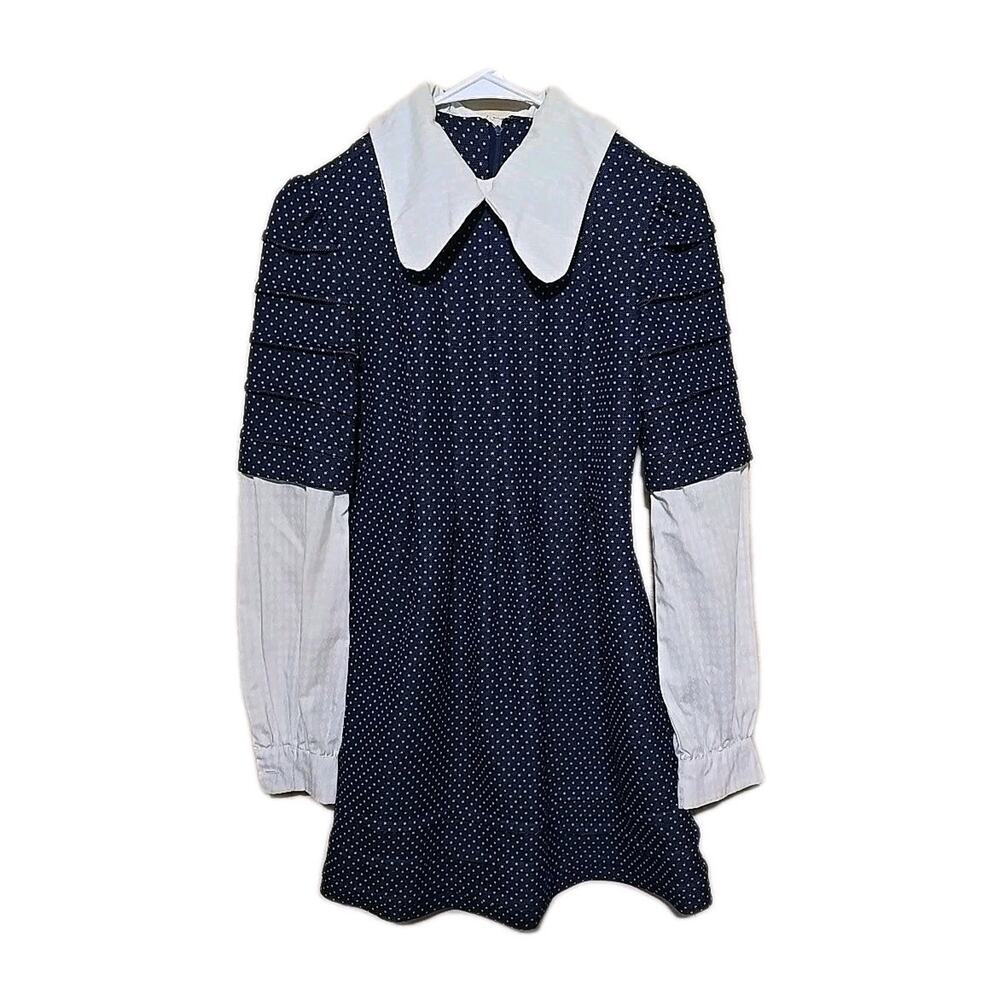 Vtg 1970s Tracy Petites Navy Blue Polka Dot Crepe Mini‎ Dress Womans Size 5/6